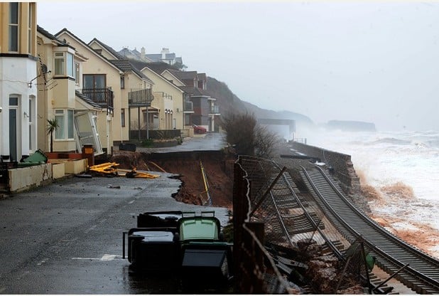 Storm damage at Dawlish, Damage to the railway tracks and road at Riviera Terrace and Sea lawn Terrace, Dawlish.